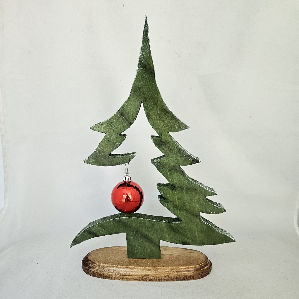 NEW Wooden Christmas Tree With Base Handmade with Red Ornament - Picture 1 of 11